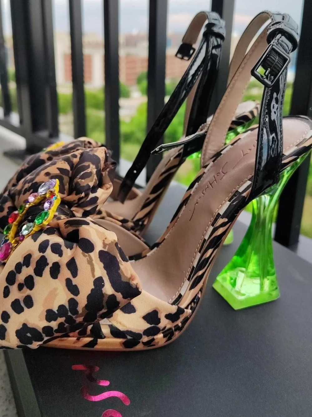 Betsey Johnson Leopard Print Bow Sandals with Black Patent Straps
